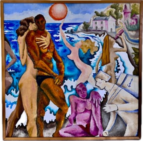 Gana; 20thC. Modernist Oil - Beach Party Signed