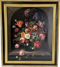 Hendrik Schoock(after) 20thC. Dutch Oil - Vase of Flowers in a Stone Niche
