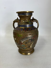 Brass & Eameled Champleve Vase