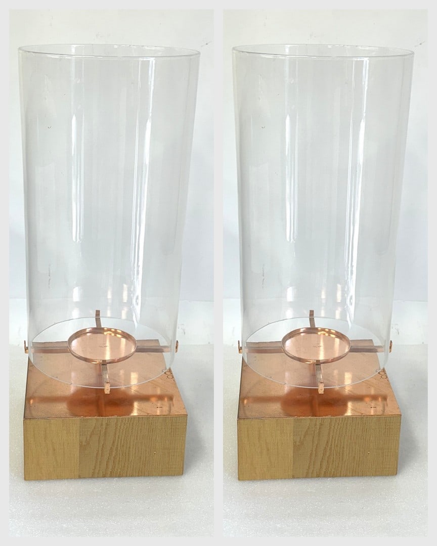 Pair of Contemporary Wood and Glass Fixtures: Pair of Modernist wood, brass and glass candle holder fixtures; 22.5in.H. x 9in.W.