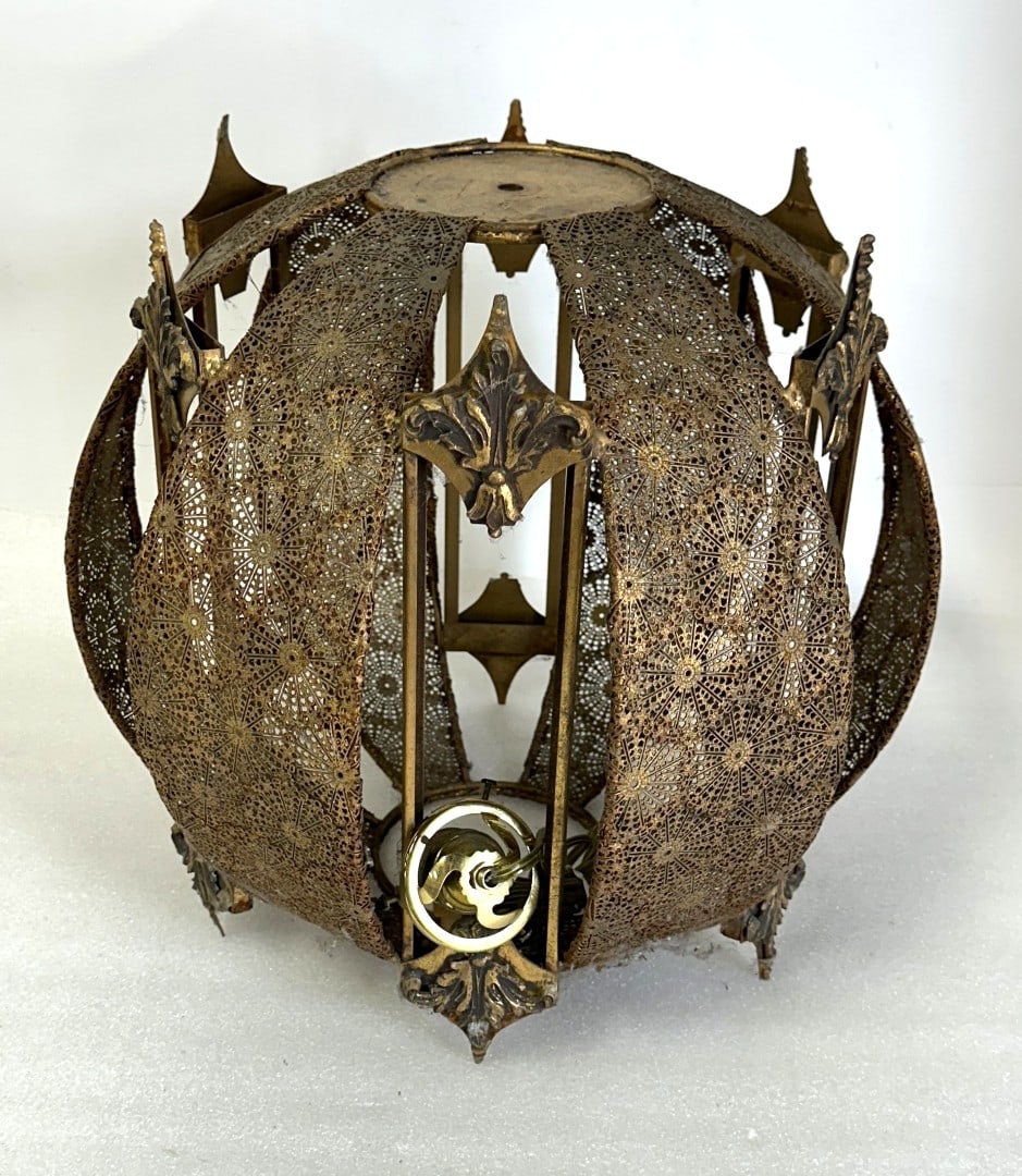Vintage Brass Filigree Globe Fixture: brass globe fixture(not electrified); 16in.H. x 16in.D.