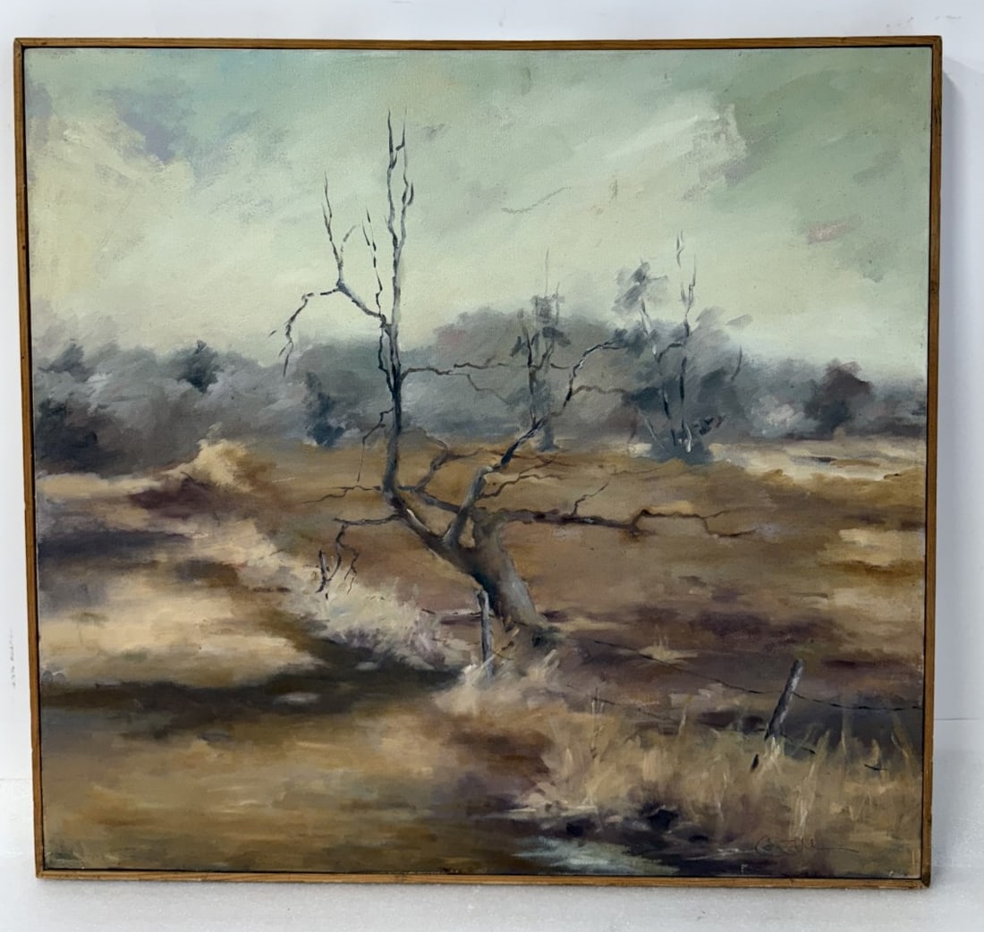 20thC. Modernist Oil - Ancient Apple Tree Signed: Oil on canvas. Ancient Apple Tree. Signed illegibly lower right; 24in. x 26in. x 1.5in.