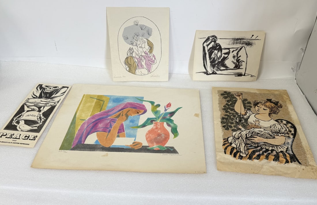 Five(5) Miscellaneous Woodstock Art Prints: Including: four(4) by Anton Refregier; one(1) Fletcher Martin, woman sewing , as is with foxing); 9in. x 11.5in. - 17.5in. x 21in.