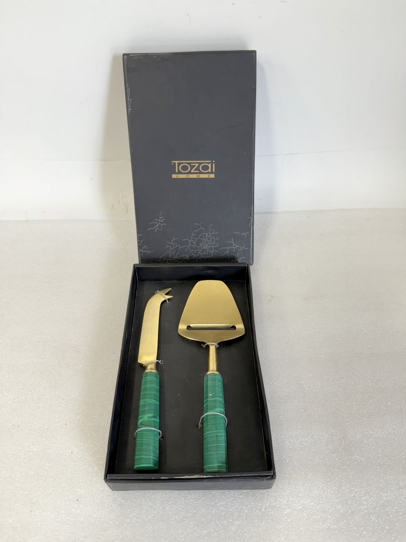 Tozai Home Malachite Handled Cheese Set: Brass finished two(2) piece cheese set. Malachite handles. Fitted box; 8in.H.