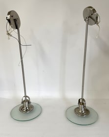 Pair of Modernist Brushed Steel and Glass Hanging Lights