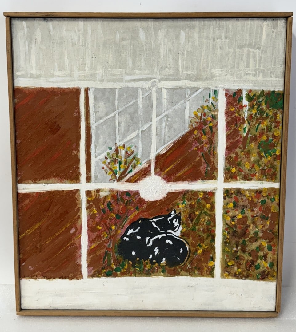 Eileen Webb; 20thC. Modernist Oil Cat Outside a Window Signed: Oil on canvas. Cat Outside a Window. Signed lower left; 21in. x 18.5in. x 1.5in.