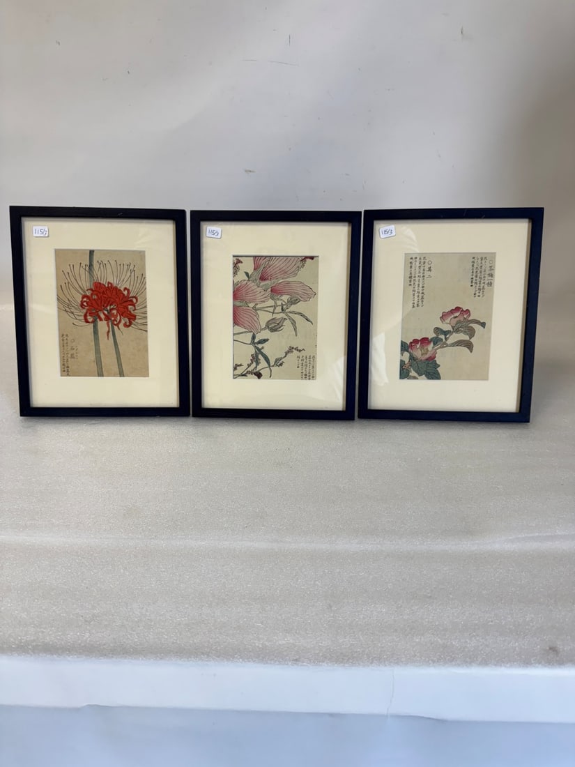 Japanese Botanical Wood Block Prints (3)): Framed and signed. Frames size 11" x 9";