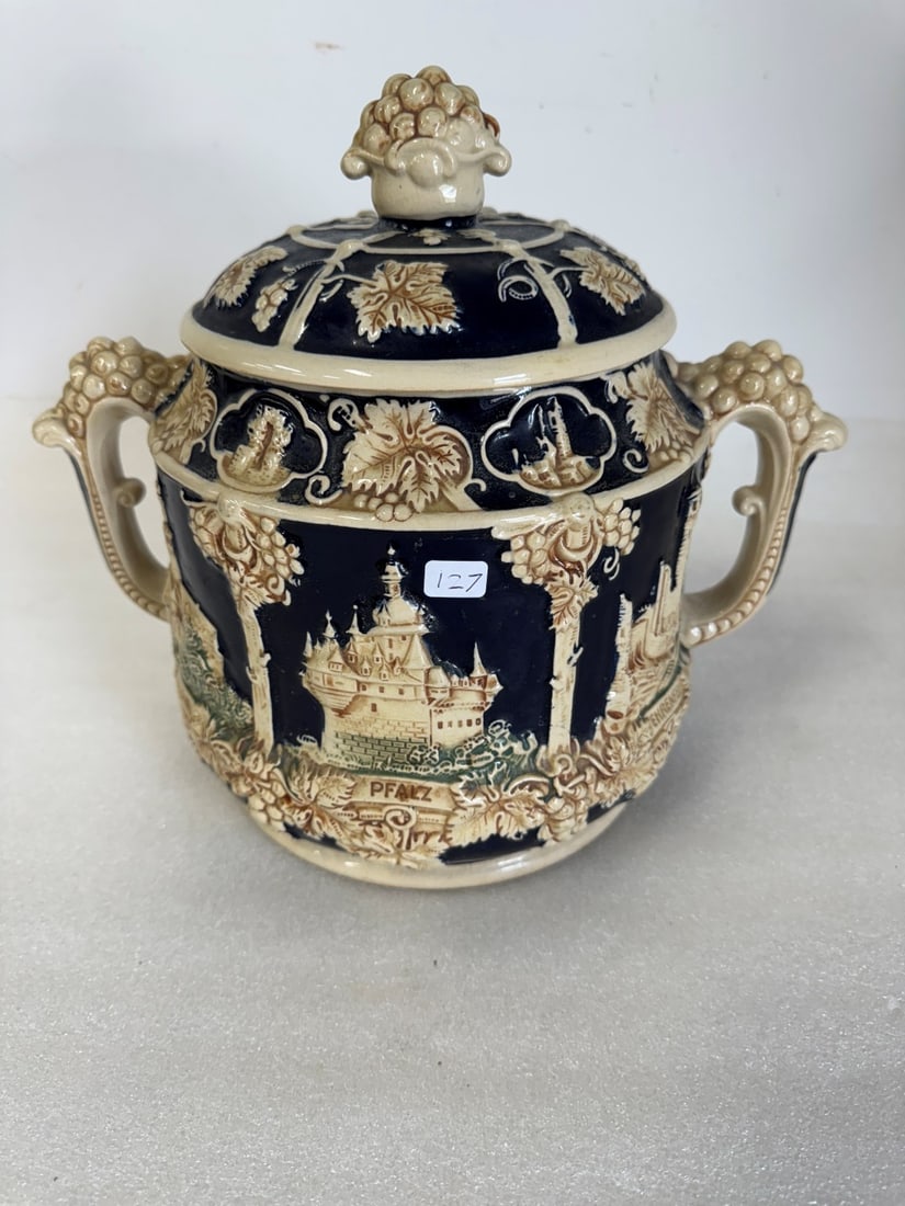 Stoneware German Tureen: Marked MM and 4552 Cluster of Grape finial. and handles 11 1/2"H x 13