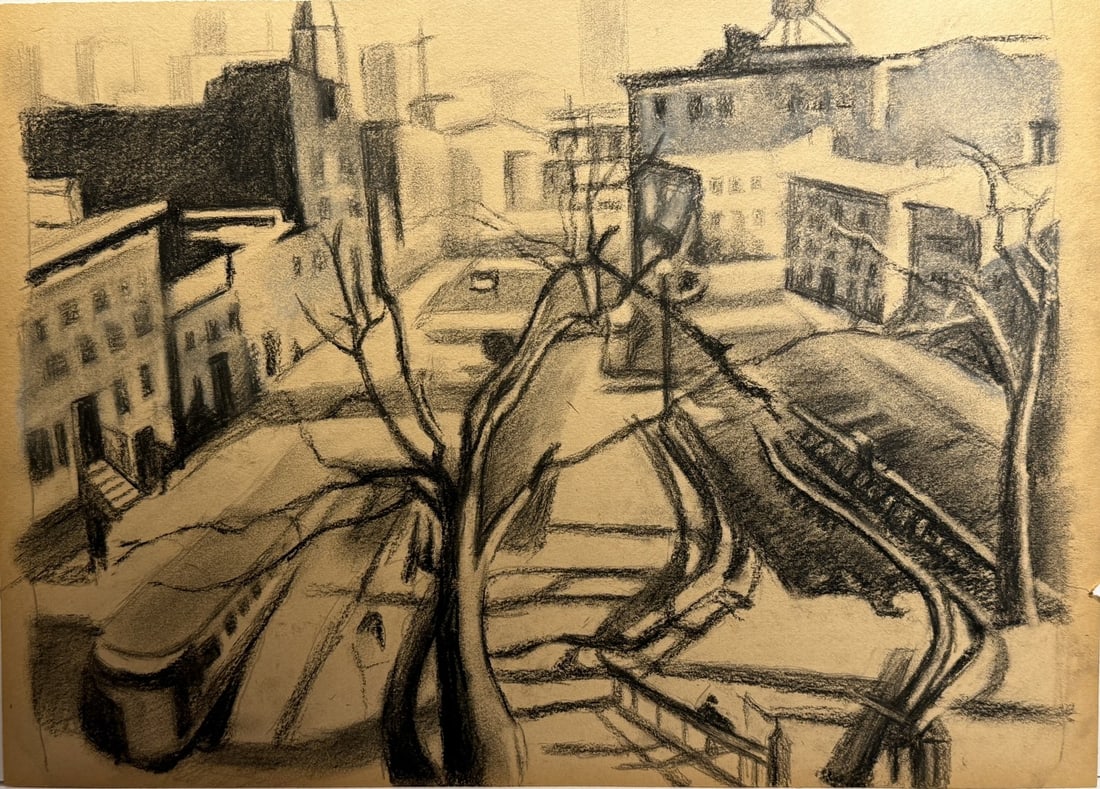 Edward Hopper(attributed to); American Charcoal Drawing: Edward Hopper (1882 - 1967) charcoal on paper. New York City Street. Attrbuted to Edward Hopper; 11.5in. x 15.25in.(image), 17in. X 21.5in. X 1in.