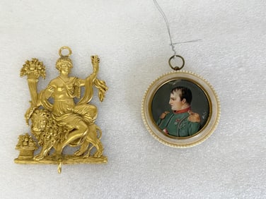 Miniature Sgd. Portrait of Napoleon & Fancy Bronze Wall Hanger