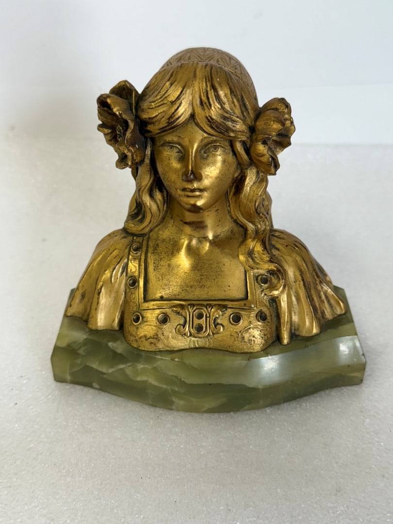 Ernest Wante; Fine Art Nouveau Bronze of a Woman: Ernest Wante (1872 - 1960)Dore bronze bust of a woman. Inscribed(as pictured). Marble base. 6 1/4"H. Ernest Wante was a Belgian landscape and portrait painter and sculptor.