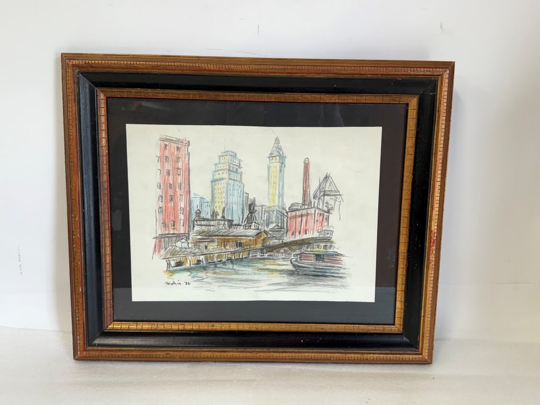 John Marin; 20thC. Modernist Drawing Signed: Colored pencil on paper. Along the East River. Signed lower left and dated '32; 10.5in. x 15in.(image), 18in. x 22in. x 2in.