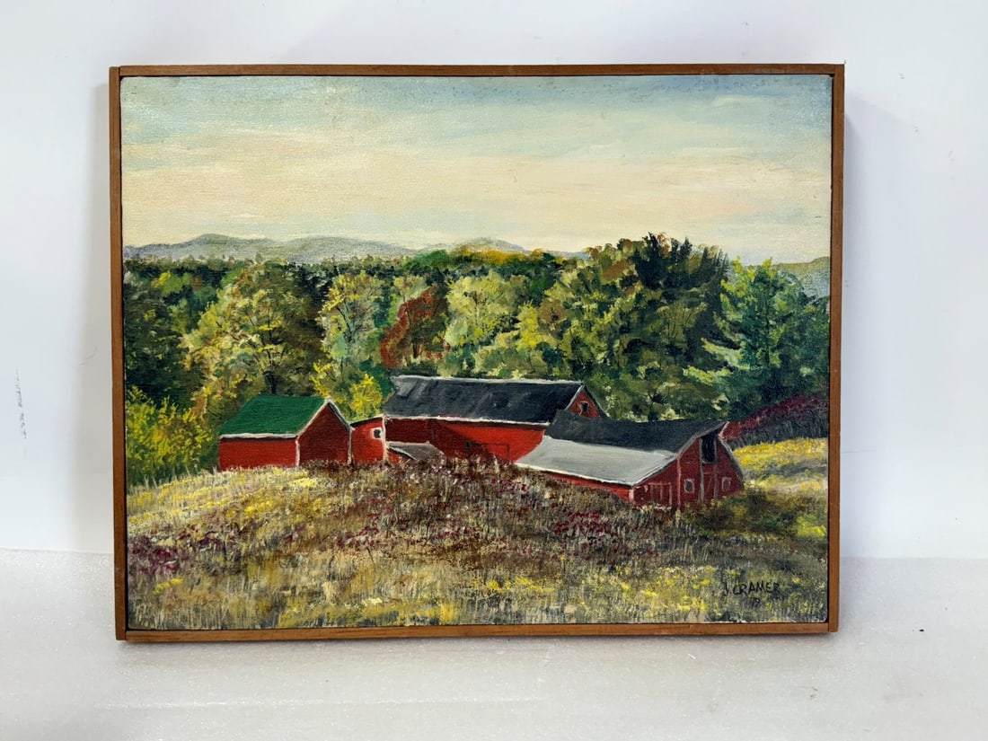 J. Cramer; 20thC. American Oil Barns in a Landscape Signed (1 of 4)