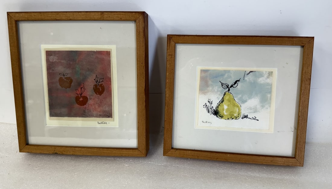 Andre Ruellan; Two(2) Modernist Watercolors Signed: Watercolor on paper. Pear and Cherries. Each signed; 3.5in. x 4in. x 4.25in. x 4in.(image), 7.5in. x 8.25in. x 1.5in. - 9in. x 8.25in. x 1.5in.