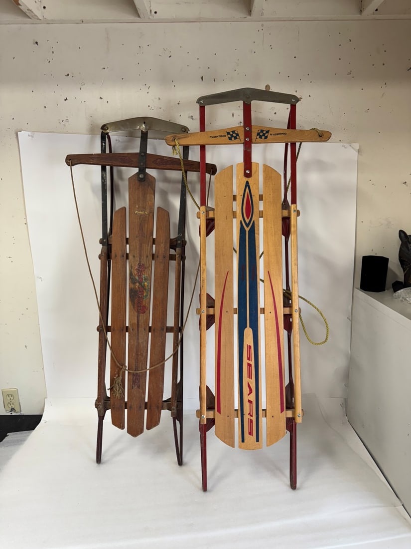 Two(2) Vintage Wood and Iron Sleds: As pictured; 54in.L. x 21in.W.