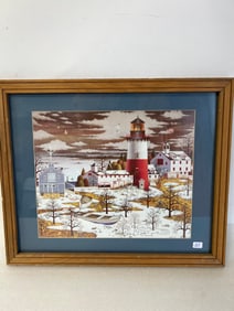 New England Print. Lighthouse in Winter