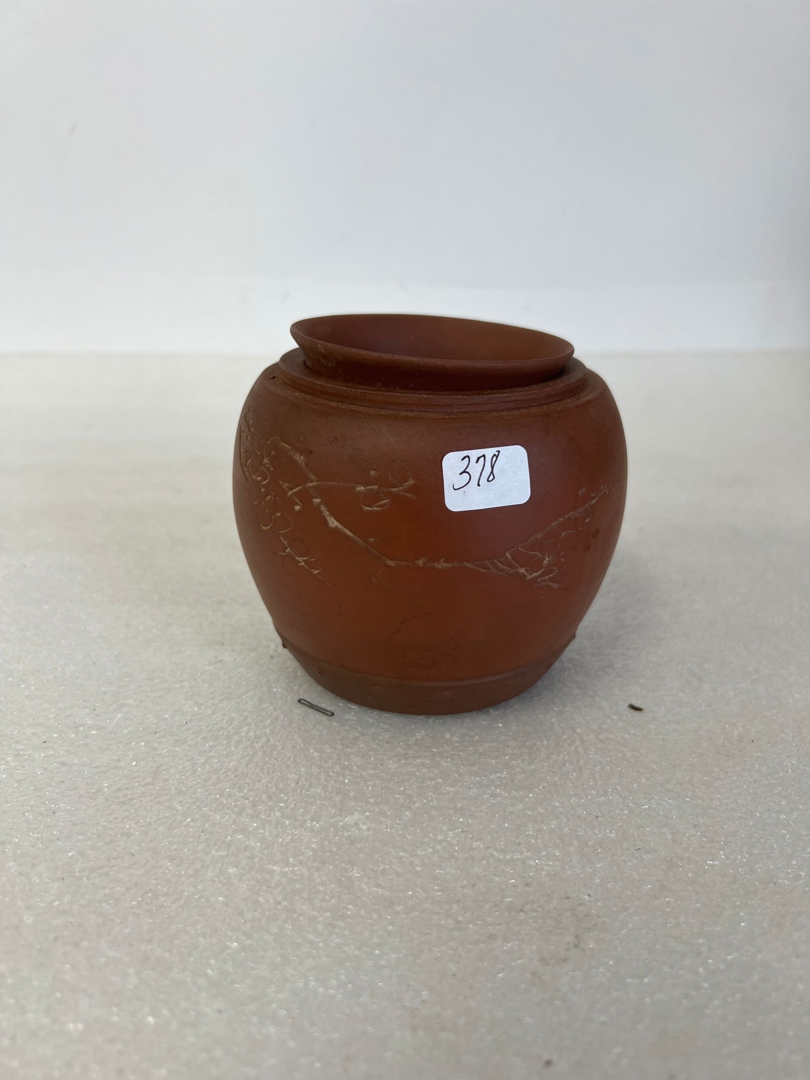 Oriental Terra Cotta Pot with Insert: Calligraphy markings at the underside. With a terra cotta insert. Larger pot 3 3/4"H x 3 1/4"W Smaller insert 2"H x 2 3/4"W