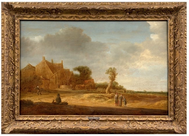 Salomon Van Ruysdael Old Master Dutch Painting: C.1602-1670. Painted around 1640.Landscape with pheasants. Oil on panel parqueted panel 44.0 cm.x 68.0 cm 17'3 x 26.8 in. Framed 61.0 x 85.0 cm. 24 ,0 x 33.4 inches, a 17th C. hand carved and gilded D