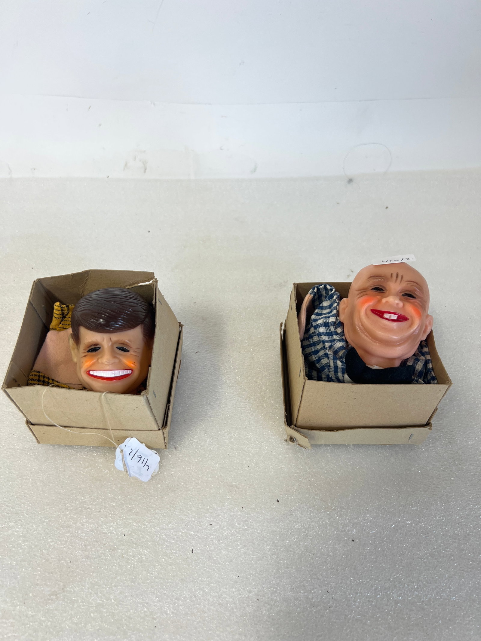 Kennedy and Kruschev Hand Puppets: New in the Box. From the Shackman Collection