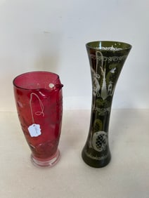 Cranberry Glass Pitcher  & a Ruby Glass Vase