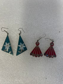 Mexican Sterling Alpaca Enameled Earrings 2 Pr