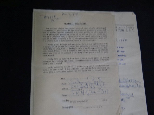 Model Releases 1954 (4): Chris La Chris (Chris Carter); Enid Wallen "Twinnie" (who lists her address as The Latin Quarter and her home address as The Belvedere Hotel); Peggy Lesnilly and Barbara Paul
