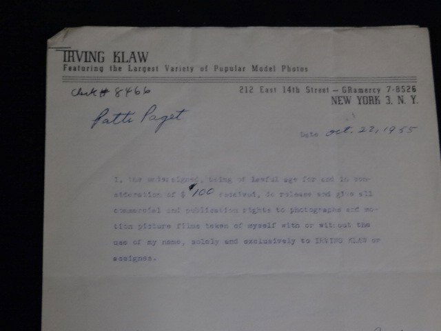 Signed Model Releases 1955 (2): Patti Paget ($100 received) and Rita Grable ($125 received)