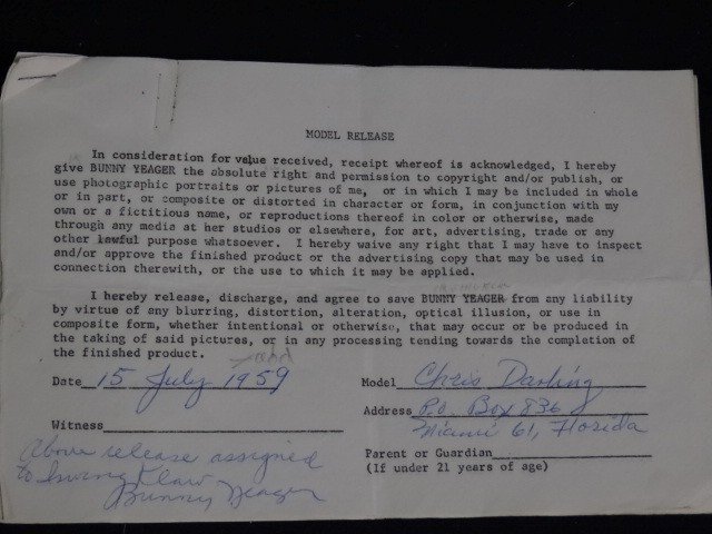 Model Releases signed Bunny Yeager (4): Four model releases with "above model release assigned to Irving Klaw, signed Bunny Yeager" featuring models from Florida including Dondi Penn and Chris Darling.
