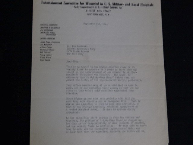 Ed Sullivan Michael Todd TLS: On the letterhead of the Entertainment Comittee for Wounded in US Military and Naval Hospitals in NYC, a TLS to Mr. Tom Rockwell, General Amusement Corp NYC re: An appeal to higher salaried stars to d