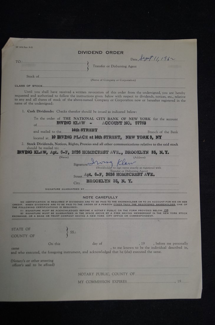 SIgned Irving Klaw Dividend Order: Dated September 11th, 1962 for The National City Bank of New York. Signed Irving Klaw.
