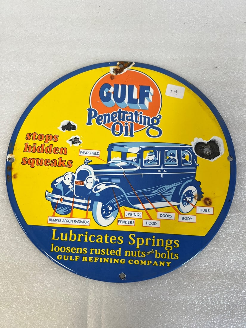 Gulf Oil Enameled Sign: Imperfections. Circular 12"