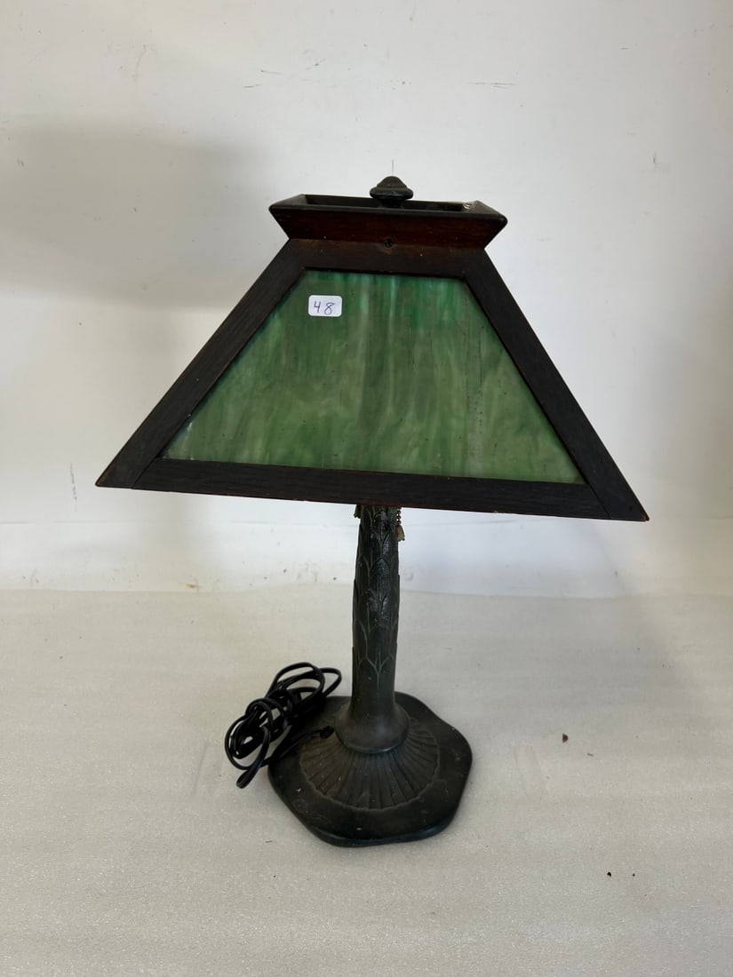 Antique Slag Glass Paneled Lamp: In the manner of Bradley & Hubbard. 19"H Shade 12" W each panel.