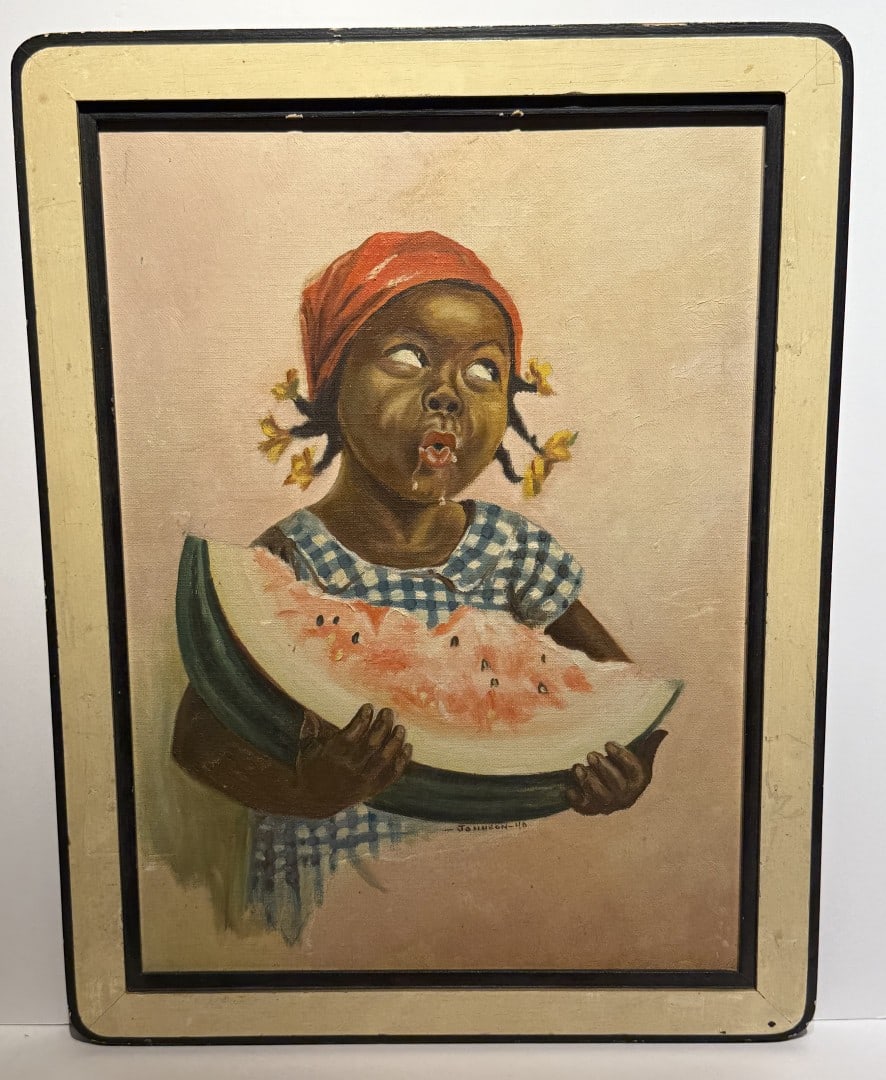 Johnson; American Oil - Watermelon Girl Signed: American oil on board. Watermelon Girl. Signed lower right and dated '46; 16in. x 12in.(image), 18.5in. x 14in.(framed)
