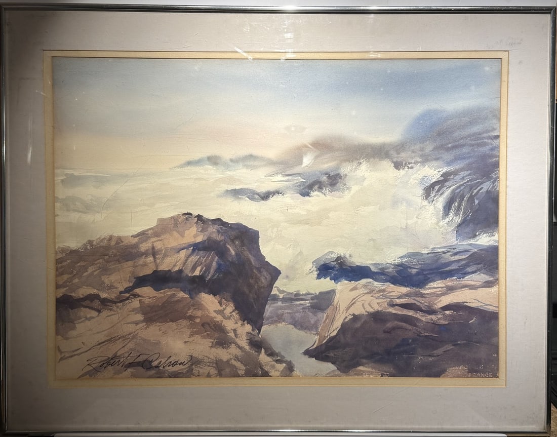Robert Calrow; American Watercolor - Surging Sea Signed: Robert Calrow(b.1916-)watercolor on paper. Surging Sea. Signed lower left and titled on backing. Biography label affixed to reverse; 21in. x 29in.(image), 28.25in. x 36.25in.(framed)