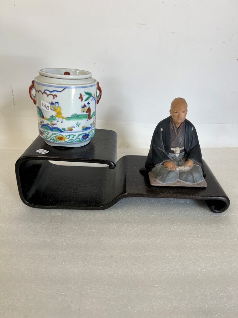 Vintage Oriental Figure & Covered Jar: On teakwood stand