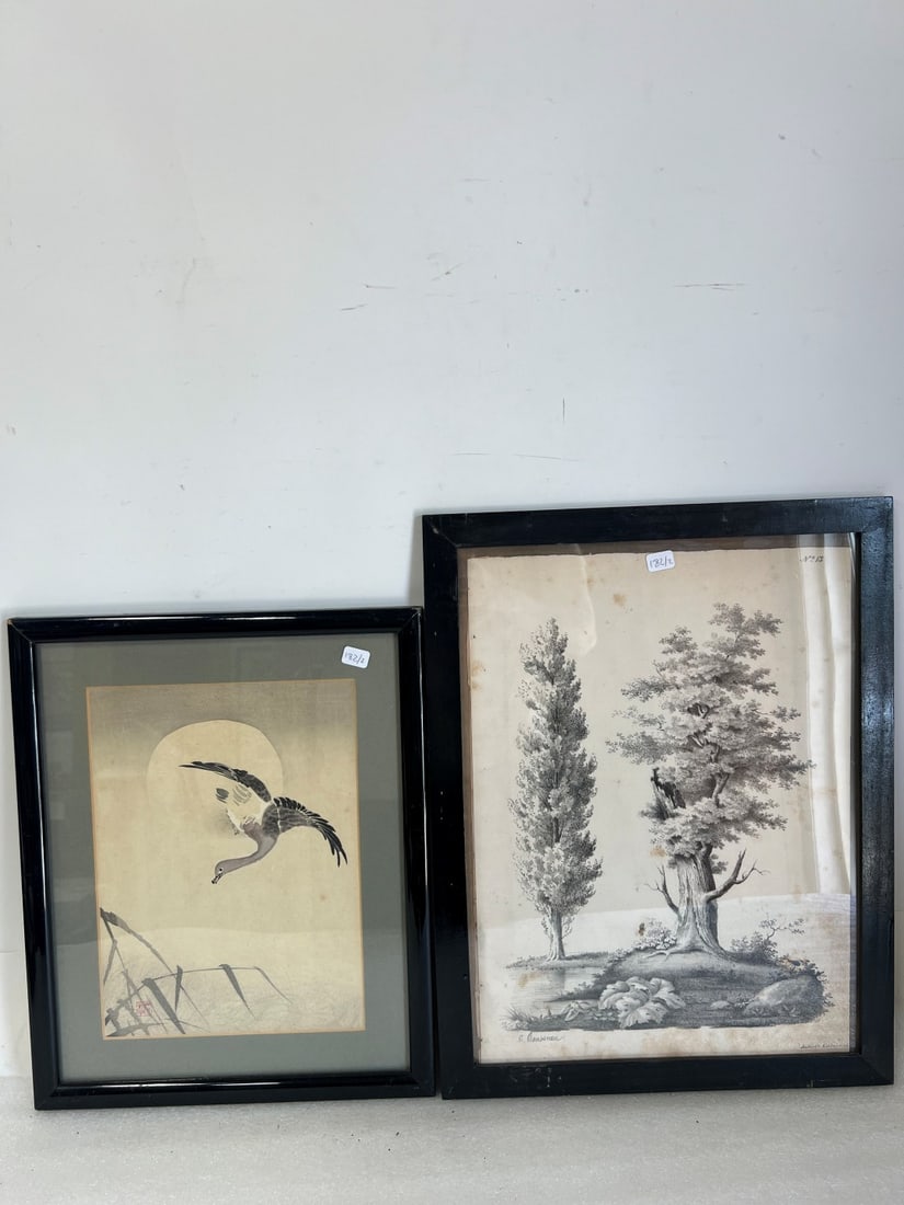 Rousseau Engraving & Oriental Engraving: Rousseau with spots in the margin which will be visible in photo and the Oriental with a red calligraphy lower left. 17" x 13 1/2" and 14 1/2 x 12"