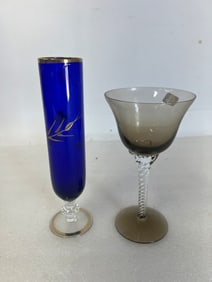 Cobalt Vase & Twist Stem Art Glass Champagne Glass