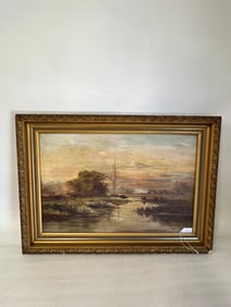 Sangerville. Oil Landscape with Cows. Sgd.