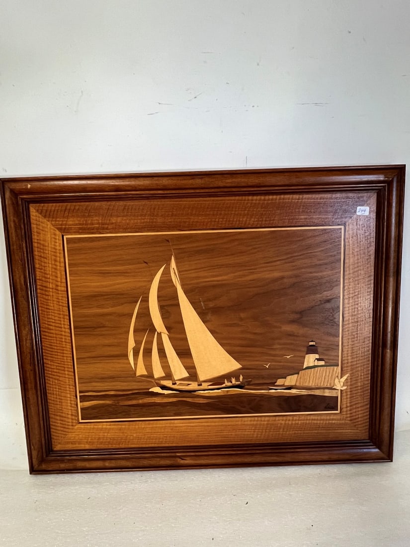 Wooden Inlaid Plaque. Sgd. Nelson: Sailboat with Lighthouse Sgd. L. R. Nelson 24" x 20"