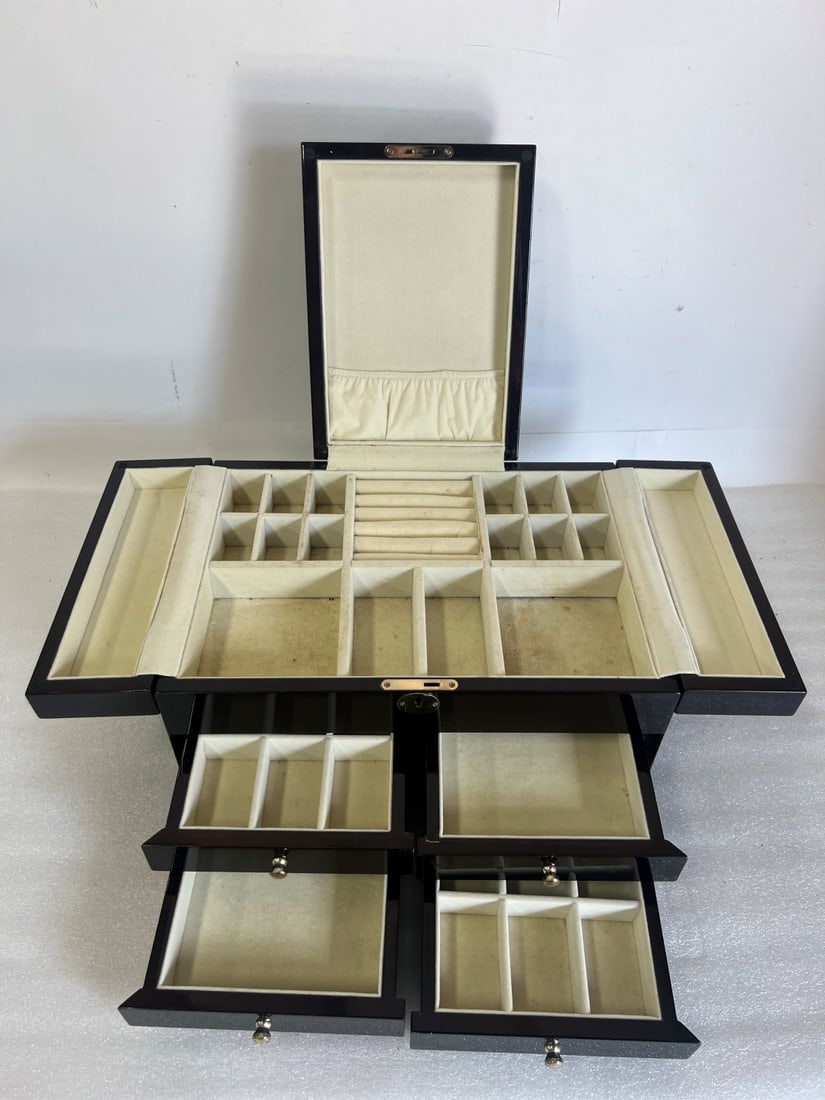 Lacquered Jewelry Box: Multiple drawers. Compartmentalized. 16" L x 10 1/2"D x 7 1.2"H