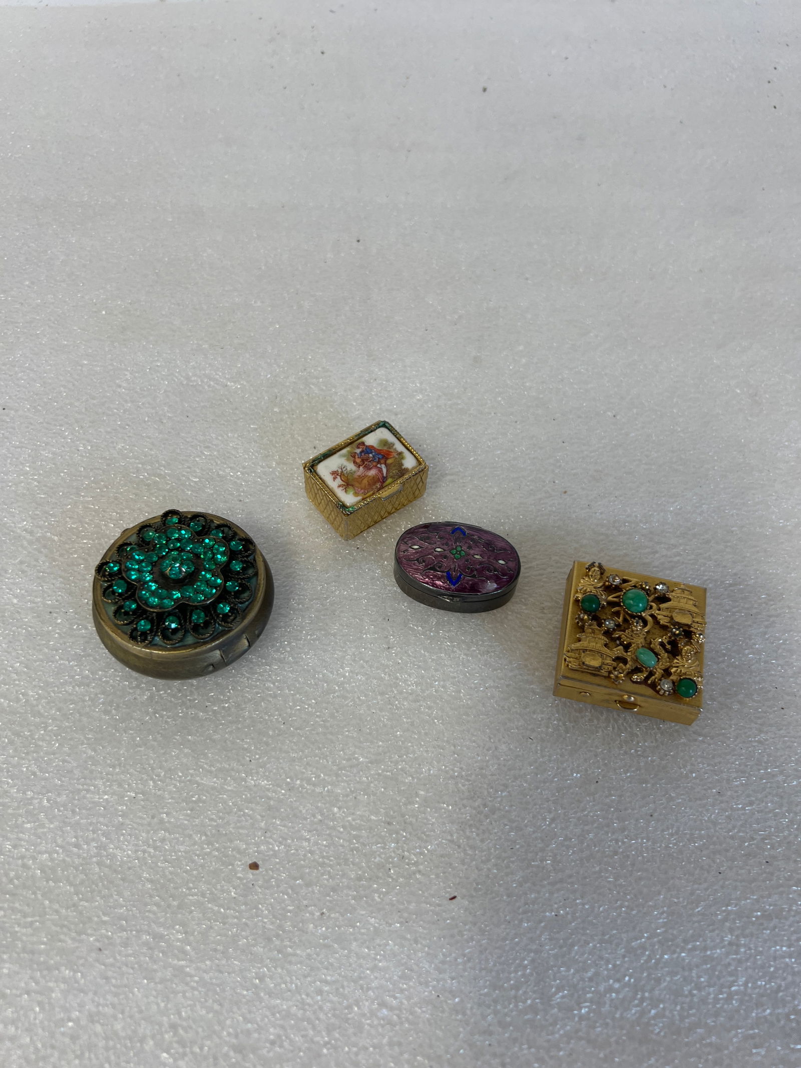 Antique Pill Boxes Inc. Sterling (4): As pictured. One marked 925 Silver. Four in the lot. 2" to 1"