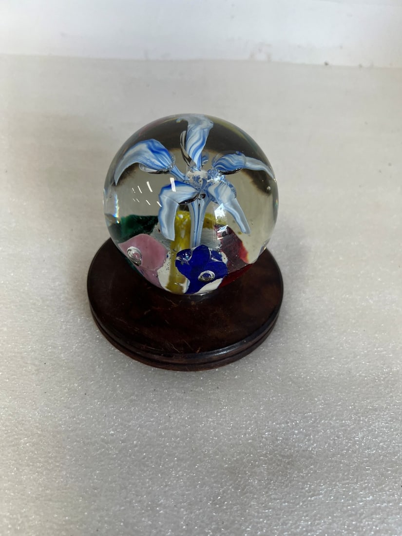 Art Glass Paperweight: Attached to mahogany base. 5"H