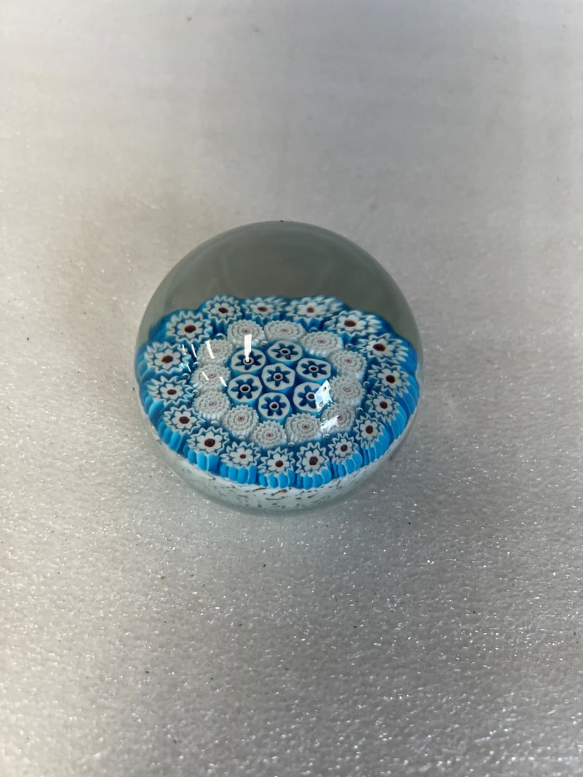 Millefiore Paperweight: Partial seal remains on the bottom but is indiscernible. 2 1/2'H and wide