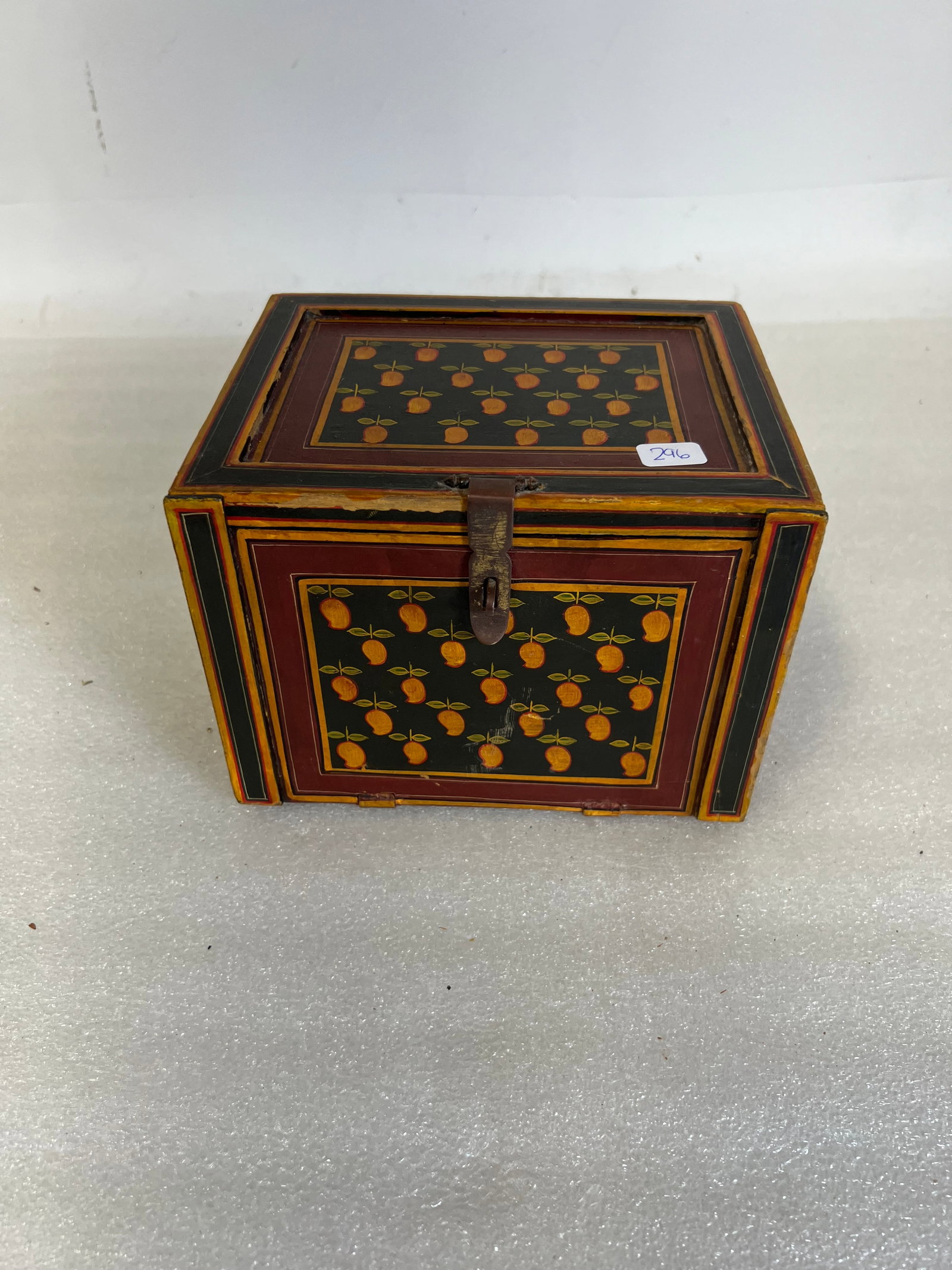 Marquetried Multi-Drawered Jewelry Box: Drop Front. One large drawer and two smaller drawers beneath. 5 1/4"H x 7"W x 5 3/4"D