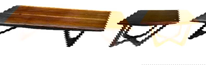 Adrian Pearsall Style Mid-Century Modern Walnut Coffee Table and Side Table: Mid-Century Modern walnut coffee table and side table. Boomerang legs; 15in.H. x 70in.W. x 22in.D.(coffee table), 19in.H. X 28in.W. X 21in.D.(side table)