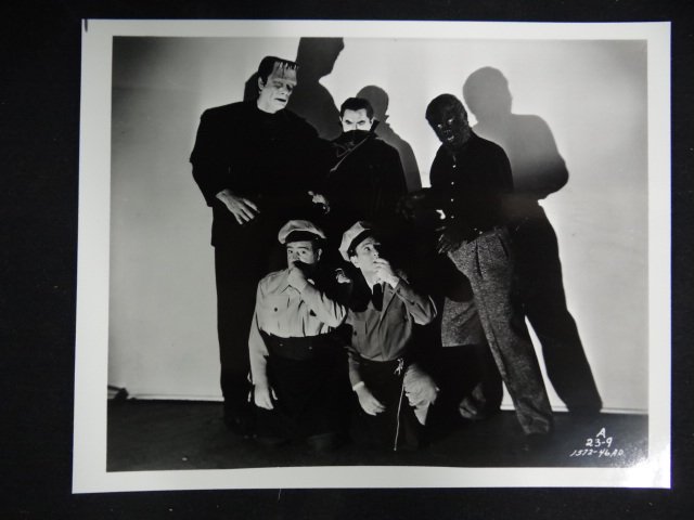 Abbott and Costello Meet Frankenstein Original Negative: Black and White. Scene with Bud Abbott, Lou Costello, Bela Lugosi, Lon Chaney Jr. and Glenn Strange. 1948. Accompanied by print from the negative. 8 x 10