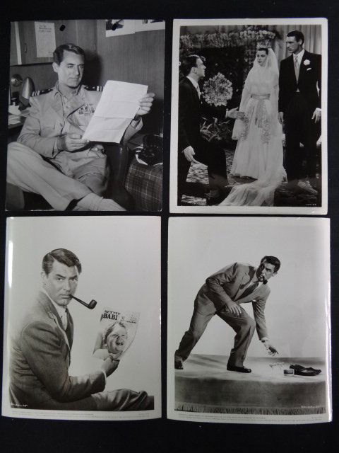 Cary Grant Movie Stills (20): Reading Better Babies; RKO publicity photo; arriving on TWA; scenes from Night & Day (6); with Ingrid Bergman; scenes from Kiss Them For Me (3); scenes from Crisis (2); etc. 8 x 10