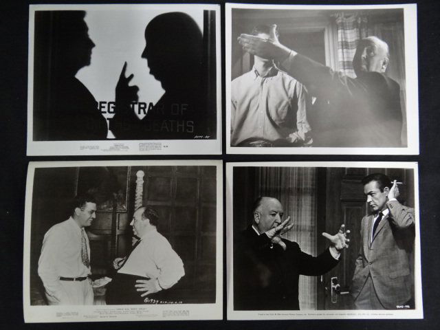Alfred Hitchcock Original Still Photographs (9): Black and White. Nine original still photographs; silhouette from Family Plot; on the set of Since You Went Away; directing Janet Leigh in Psycho, on the set of Spellbound with Ingrid Bergman and a Ro