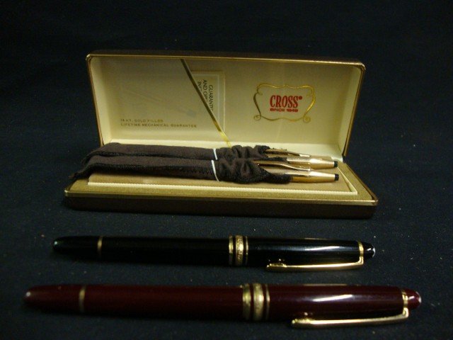 Montblanc and Cross Pens and Pencils: Lot of classic writing pens: two Montblancs (one black and one maroon); one set gold filled Cross pen and pencil set.