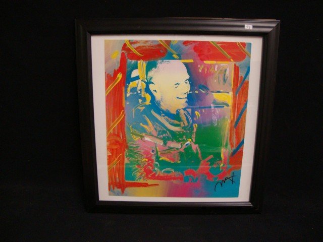 Autographed Peter Max Print: Peter Max salutes a fighter pilot, a Marine colonel, an astronaut, a United States senator, an American hero: John Glenn. SIgned by Mr. Max. Framed. 17 1/2" x 16 5/8".